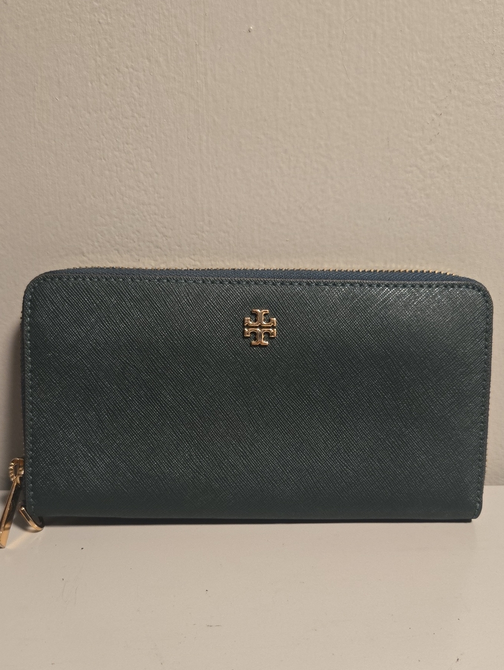 Tory Burch Dark Green Saffiano Zip Wallet with Gold Logo